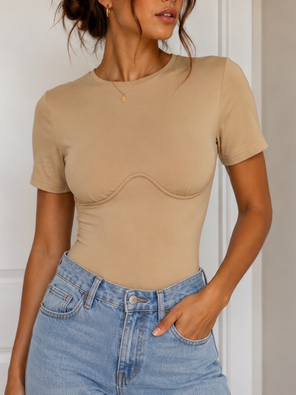 Meshki Sleek Short Sleeve Sculpting Bodysuit in Tan